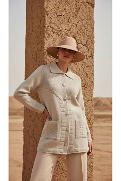 larocci Buttoned Embossed Patterned Beige Classic Collar Knitwear Cardigan