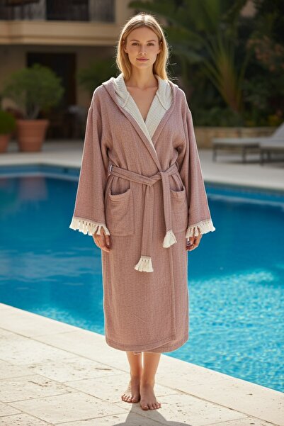 MORENELLE AURA Müslin Unisex Bornoz Kapüşonlu Püsküllü Yumuşak Dokulu Banyo V...