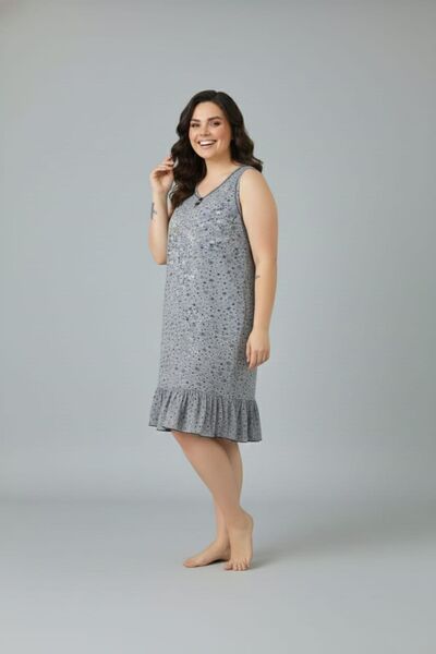 enmodaiçgiyim Women's Gray Patterned Plus Size Matching Skirt Ruffled Cotton V-Neck Comfortable Dress