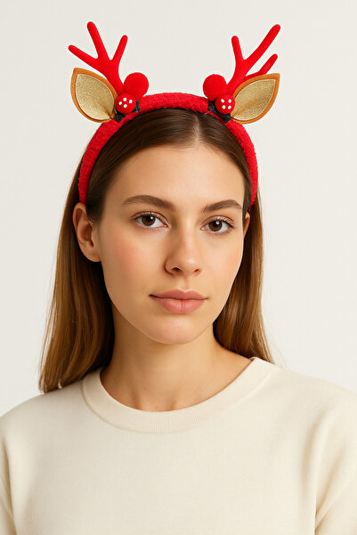 ELMATOLYE تاج عيد الميلاد على شكل قرن الغزال الأحمر مع تفاصيل ذهبية للأذن، إكسسوار شعر لحفلات عيد الميلاد للنساء والأطفال
