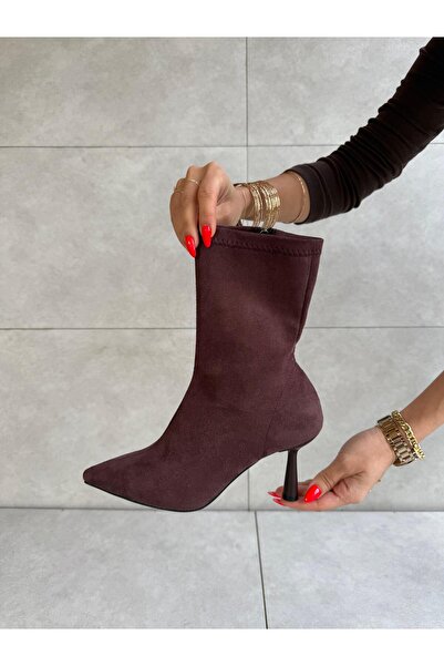 Elvinin Tarzı Ciel Bitter Brown Suede Thin Heeled Flexible Women's Stretch Boots