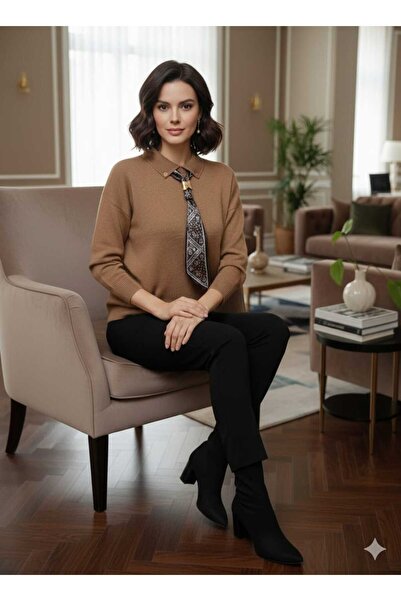 BELLA VESTA ATİELER Kadın Düğmeli Polo Yaka Fularlı Triko Kazak/Sweatshirt