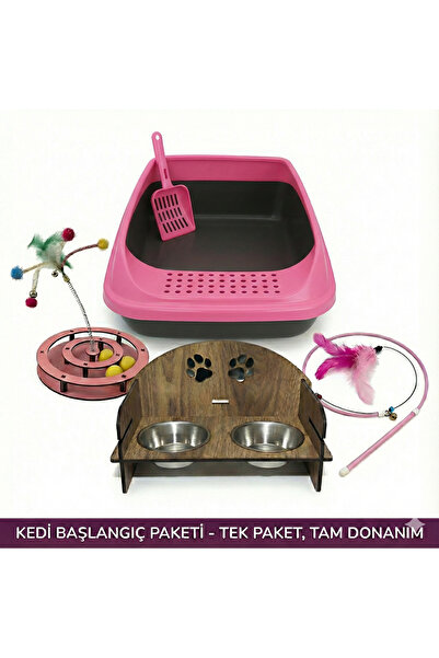 İKONİXPET Kedi Başlangıç Seti Açık Kedi Tuvaleti, Ahşap Standlı Çelik Mama Ka...