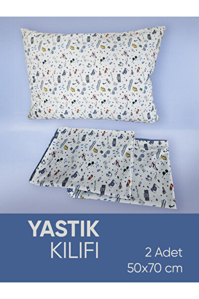 Piyes Home Mavi Desenli Pamuk Kumaşlı Penye Fermuarlı 2 Adet Yastık Kılıfı