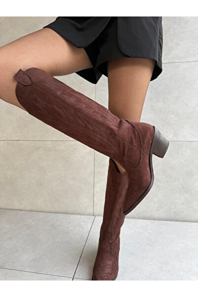 Elvinin Tarzı Westa Acı Kahve Süet Uzun Kovboy Çizmesi