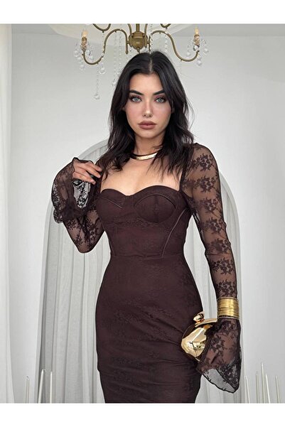 maf collection Γυναικείο μακρύ βραδινό φόρεμα με λεπτομέρεια από δαντέλα σε καφέ χρώμα