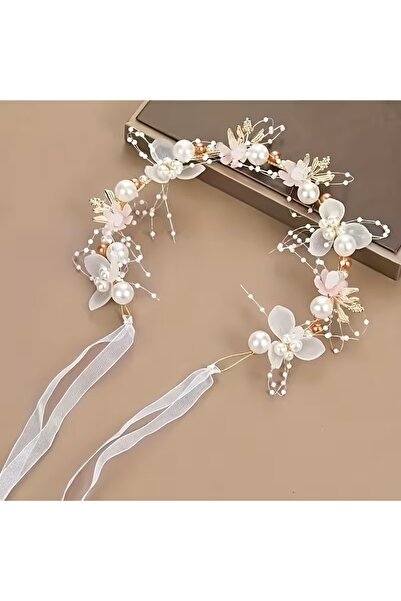 B&B Beauty Banda de păr de mireasă vintage, roz deschis, cu flori, frunze aur...