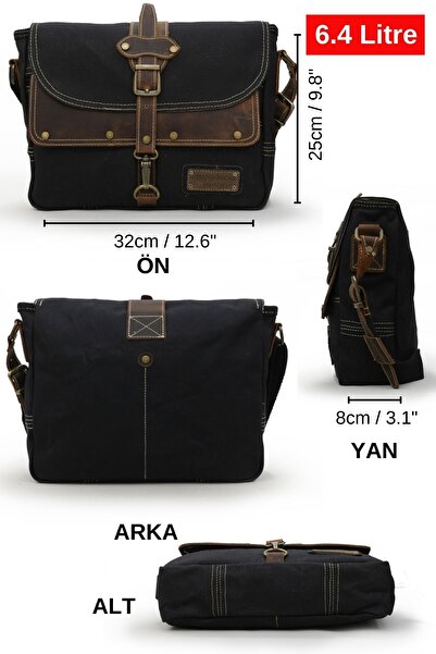 Cappadocia Vintage 4047 Antiochia Genuine Leather Black Brown Shoulder Messenger School Water Resistant Waxed Canvas Laptop Bag