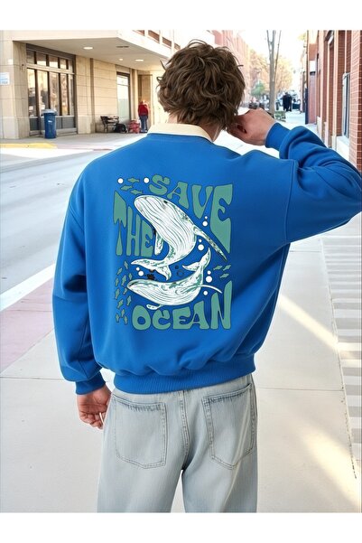 ArtYus Unisex Long Sleeve Save the Ocean Transfer Printed Plus Size Crew Neck Sweatshirt