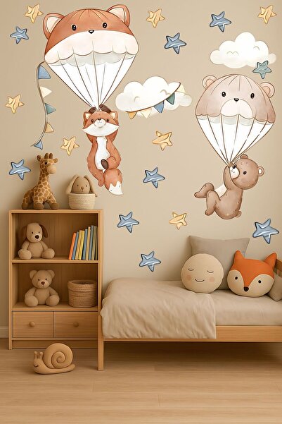 Aysha Tasarım ملصق حائط على شكل دمية دب وثعلب من سكاي أدفينشر – غرفة الأطفال