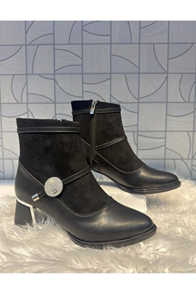 Anıl Ayakkabı Flr 212 Women's Black Zippered Black Suede Detailed Thick Heeled Daily Stylish Boots