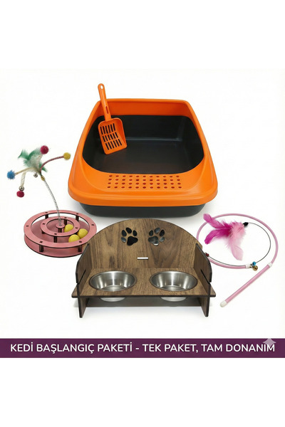 İKONİXPET Kedi Başlangıç Seti Açık Kedi Tuvaleti, Ahşap Standlı Çelik Mama Ka...