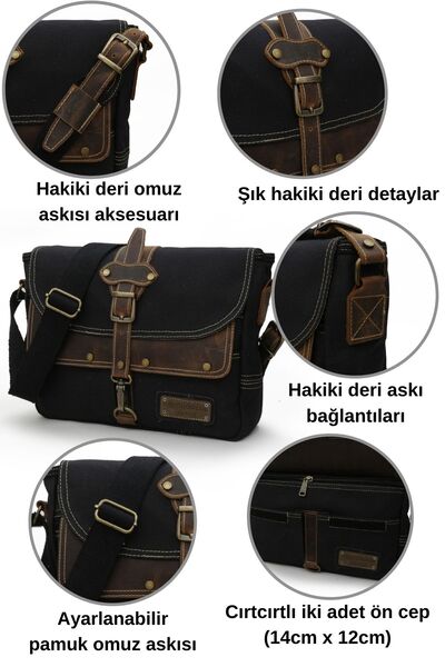 Cappadocia Vintage 4047 Antiochia Genuine Leather Black Brown Shoulder Messenger School Water Resistant Waxed Canvas Laptop Bag