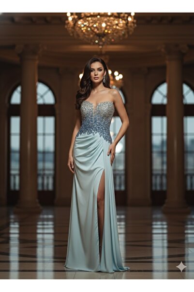 ODRİCA ODRİKA KADIN ABİYE STRAPLEZ DRAPE DETAYLI TAŞ İŞLEMELİ UZUN ELBİSE