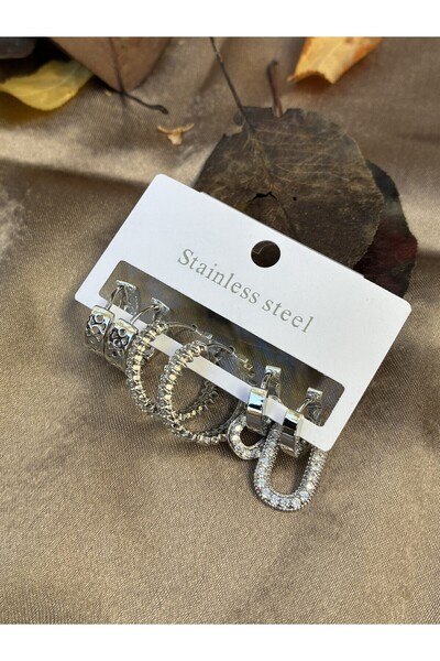 IronMoon 6'lı Gümüş Renk Zirkon Detaylı Sallanan Klipsli Çelik Küpe