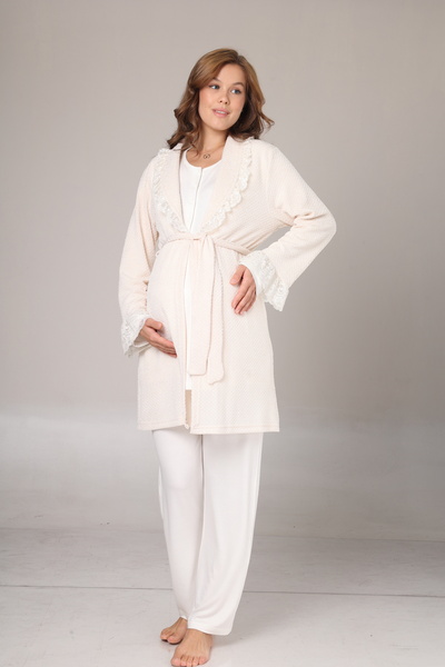 Lohussa Women's Ecru Jacquard Shawl Collar Winter Long Sleeve Special Design Maternity Pajama Set