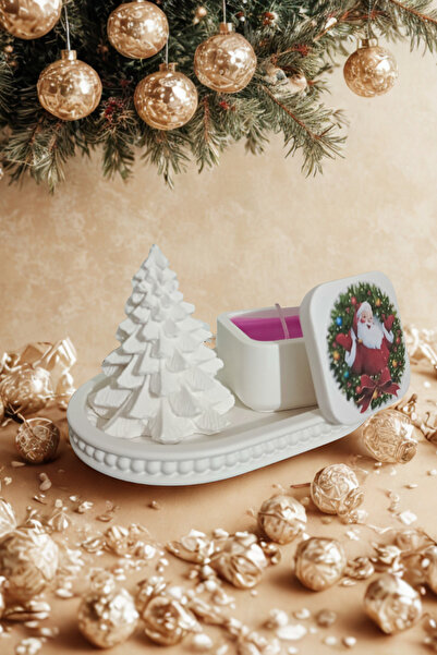 FourClovers Yılbaşı Seti–Noel Baba Kapaklı Mumluk+Taş Tozu Çam Ağacı Biblo+De...