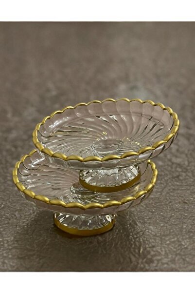 Zeryas Home 2 Adet Cam Altın Yaldızlı Ayaklı Sunum Kasesi Çerezlik Tatlılık GOLD