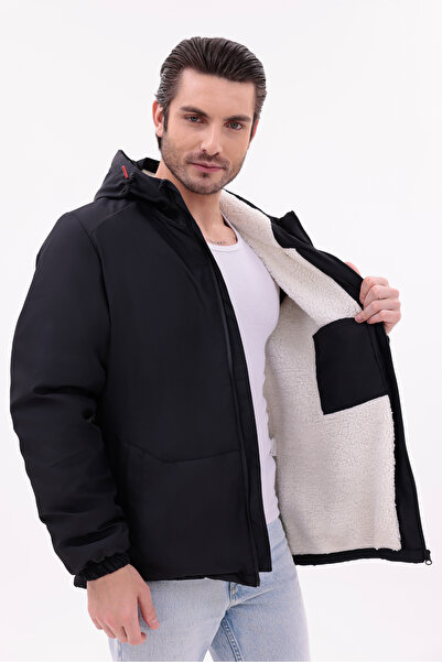 MYRAB DENİM Men's Fur Water and Windproof Hooded Winter Coat & Coat & Parka