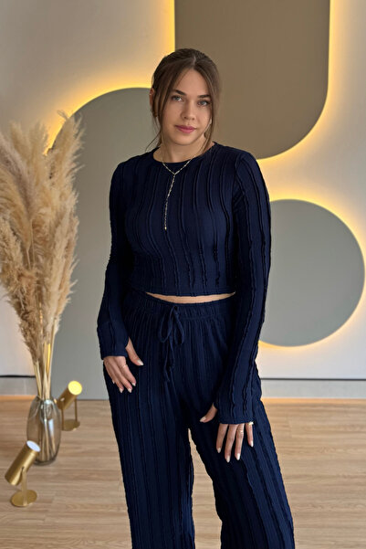 Aventien Ruffled Finger-Tie Crop Navy Blue Two-Piece Set