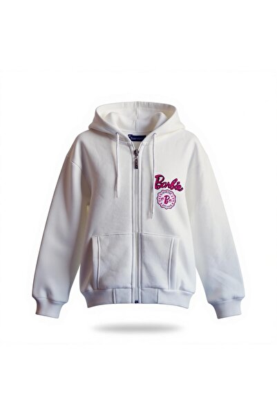 Barbie Logolu Kız Çocuk Kapüşonlu Sweatshirt Beyaz Renk %100 Pamuk