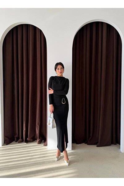 maf collection Women's Sandy Black Evening Dress with Accessories and Slit Detail