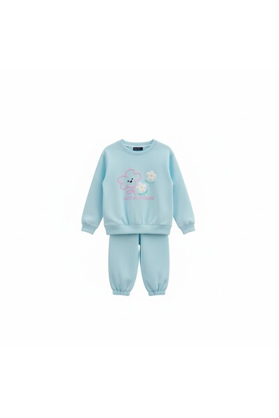 KGDKİDS Kız Bebek/Çocuk Mavi Renk Nakışlı İkili Alt Üst Takım