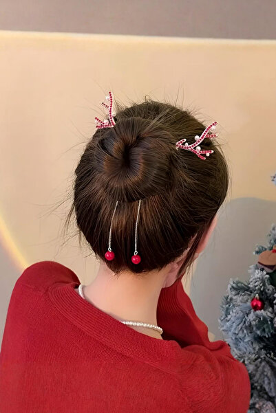 ELMATOLYE Pearl Deer Antler Bun Clip – New Year Chignon Bun Holder – Pendulum Pearl Detailed Hair Accessory
