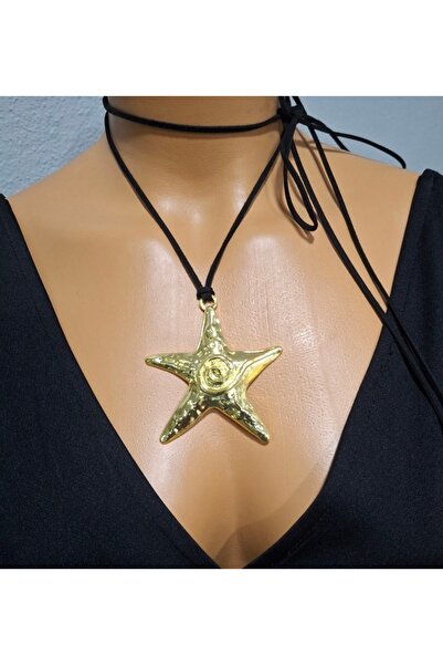 Tasarım Gold Lak Kaplama siyah süet ipli Spiral Yıldız Kolye
