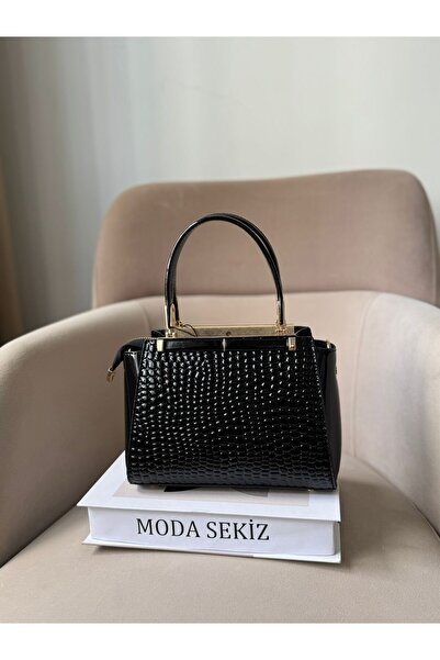 Moda Sekiz Women's Black Patent Leather Premium Quality Multi-Compartment Crossbody Hand and Shoulder Bag