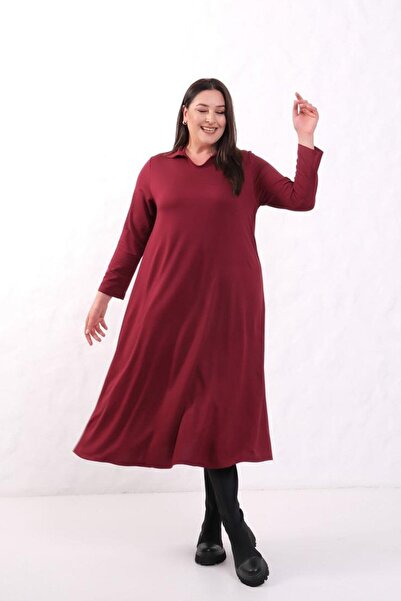 Truva XXL Plus Size Polo Neck 2 Thread Burgundy Cotton Combed Dress