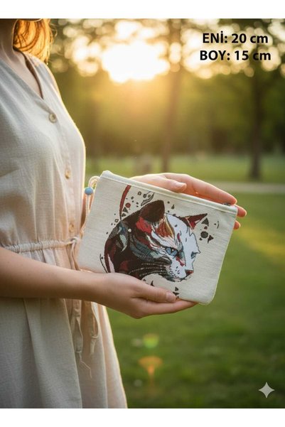 MOONSAND Tapetic Anatolian, Cat Themed Handbag (with Zipper) Two Sides with Cat Motif