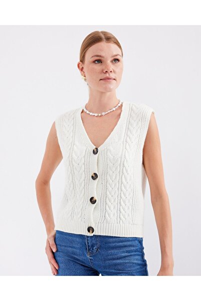 Modamorfo 15882 Buttoned Short Knitwear Vest - White
