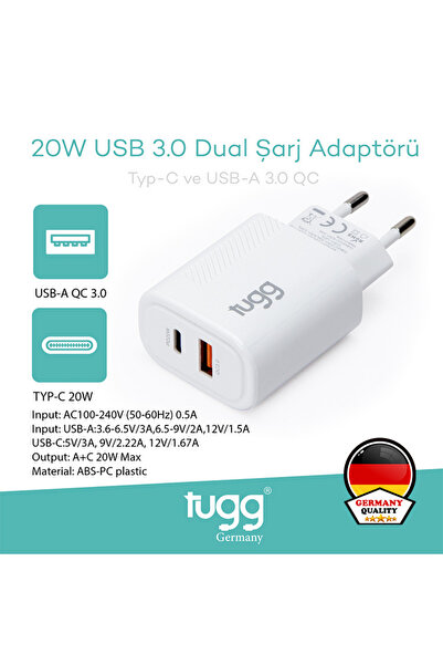 Tugg Germany Akıllı Şarj Başlık 20W Isı ve Akım Korumalı Hızlı Sarj USB+Type-...