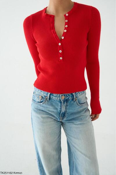 CADDELAMODA Women's Crew Neck Half Placket Corded Fabric Sweater