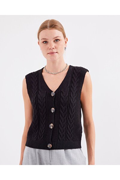 Modamorfo 15882 Buttoned Short Knitwear Vest - Black