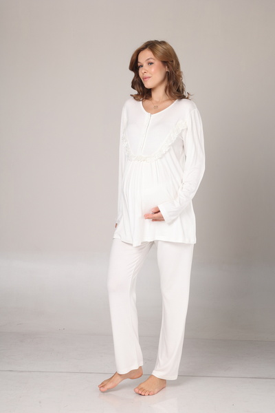 Lohussa Women's Ecru Jacquard Shawl Collar Winter Long Sleeve Special Design Maternity Pajama Set