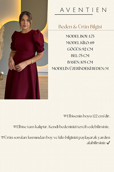 Aventien Balloon Sleeve Flared Burgundy Midi Dress