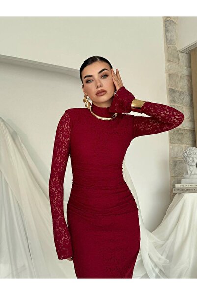 ETİKAFASHION Uzun Kol Yüksek Yaka Dantel Elbise
