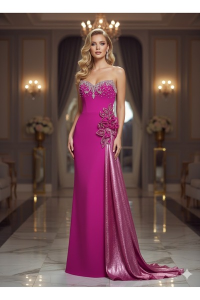 ODRİCA ODRİKA KADIN ABİYE STRAPLEZ TAŞ DETAYLI BALIK KESİM UZUN ELBİSE