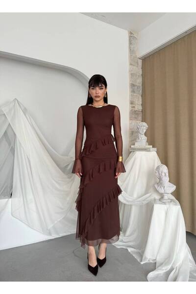 Miss Beyoğlu Дамска вечерна рокля с дълги ръкави от шифон и волани – елегантн...