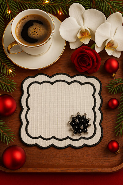 Durushe Șervețel de prezentare maro cu broderie cu ramă de lux cu margele negre – lucrat manual