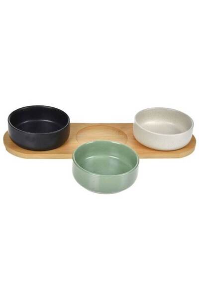 Tessari Bamboo Stand with 3 Colored Ceramic Bowls for Appetizers 32 x 10 x 4.5 cm