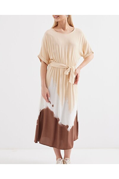 Modamorfo 2504 Φόρεμα βισκόζης με σχέδιο κοντομάνικο - κρέμα