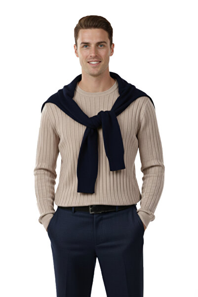 DeepSEA Men's Beige Comfortable Fit Striped Textured Knit Sweater – Stylish & Modern Design 2605432