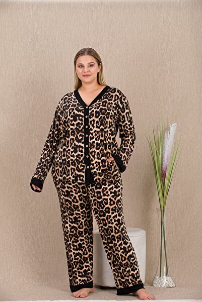 lidofya Plus Size Leopard Print Long Sleeve Button down Pajama Set