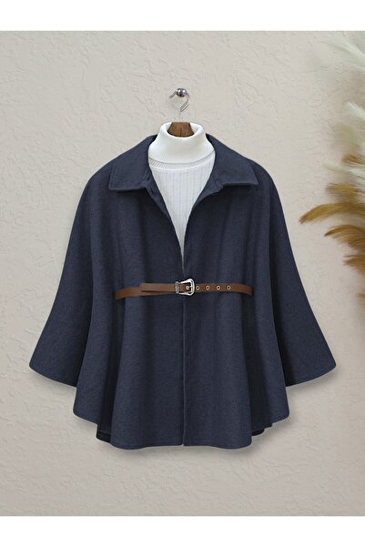Modamorfo Buttoned Shoulders and Belted Waist Cashmere Poncho - Navy