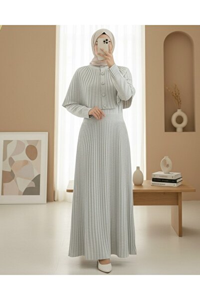 Modamorfo Skirt Corded Fabric Long Knitwear Dress with Elastic Waist and Cape Detail - Stone