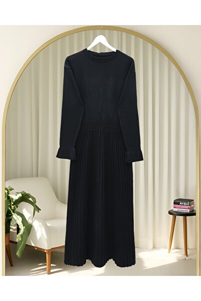 Modamorfo Φούστα κοτλέ Μακρύ πλεκτό φόρεμα με λάστιχο στη μέση και λεπτομέρεια κάπας -Μαύρο