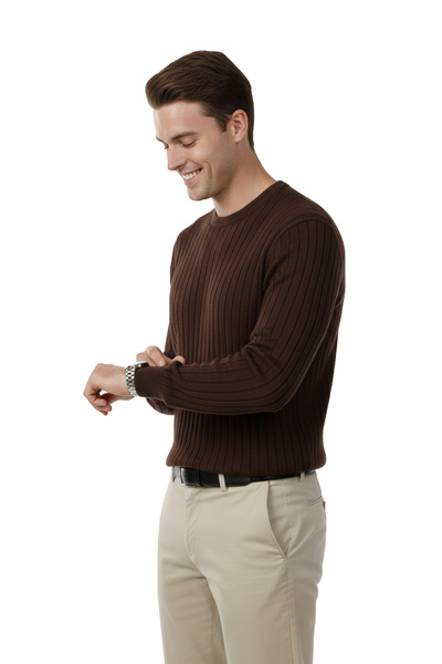 DeepSEA Men's Brown Comfortable Fit Striped Textured Knit Sweater – Stylish & Modern Design 2605432